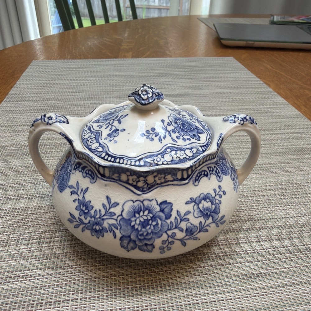 Vintage Crown Ducal "Bristol" Pattern Sugar Bowl w/ Lid Blue & White